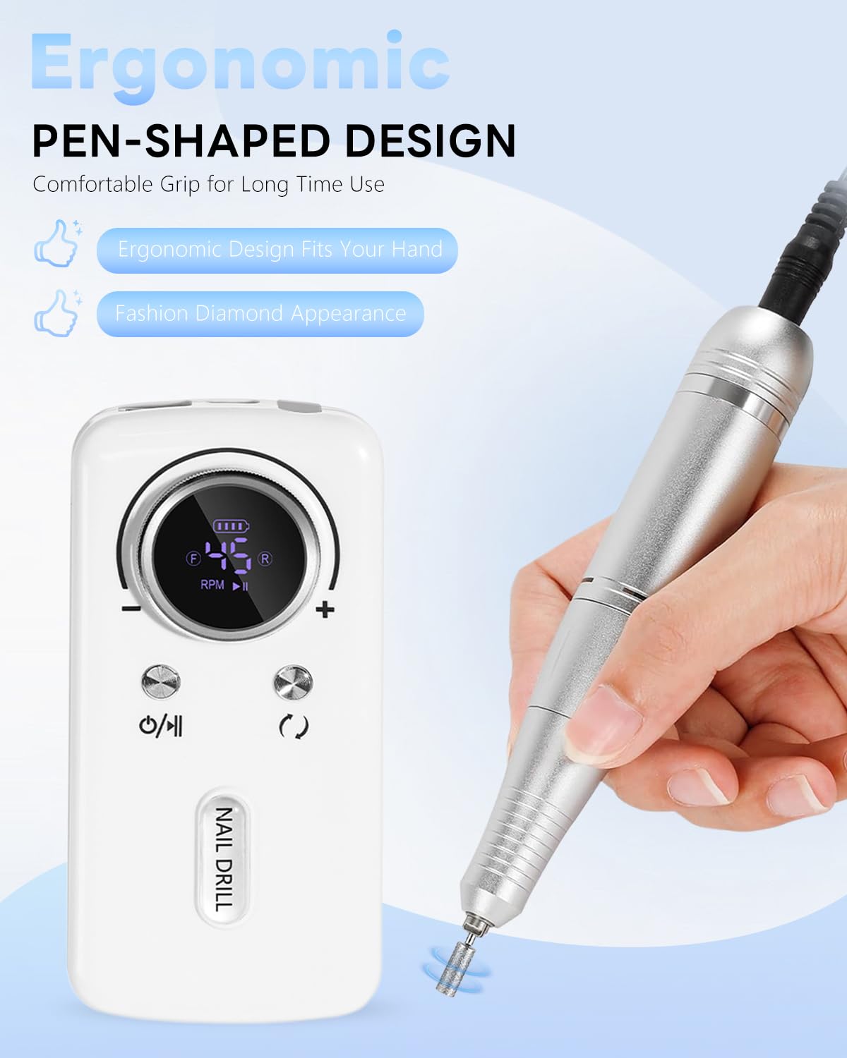 CozyZen Cordless Nail Drill Professional: 45000 RPM Rechargeable Electric Nail File Kit, Portable & Low Noise for Acrylic, Gel Nails, Manicure & Pedicure - Salon & Home Use