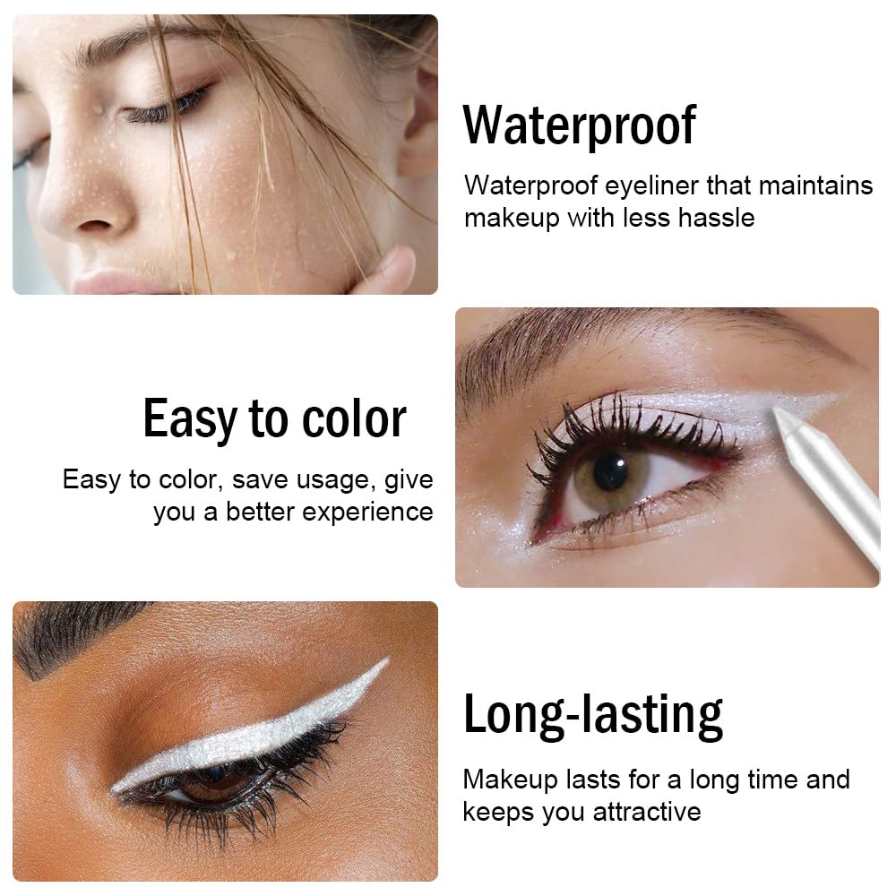 evpct Pearl White Glitter Eyeliner Pencil for Eyes, Pearl White Metallic Shimmer Eye Liner Pencil Makeup Waterproof Smudge Proof, Colored Gel Waterline Eyeliner, Face Eye Paint Stick Halloween Makeup