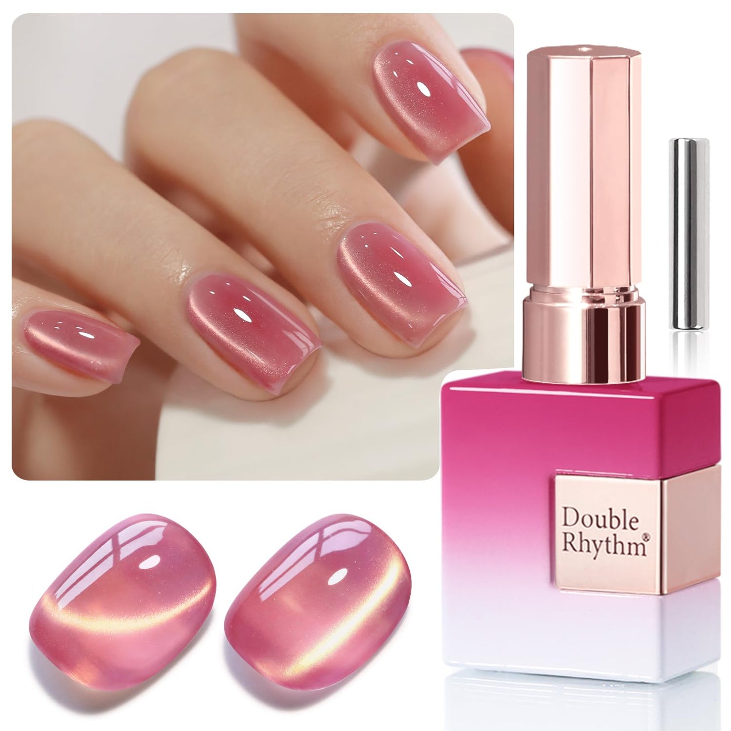 Double Rhythm 0.5 Oz Cat Eye Gel Polish with Magnet Same Color Same Bottle Holographic Glitter Shimmer Translucent Color Salon 15 ML Magnetic Nail Art (Rose Pink-MC1182)