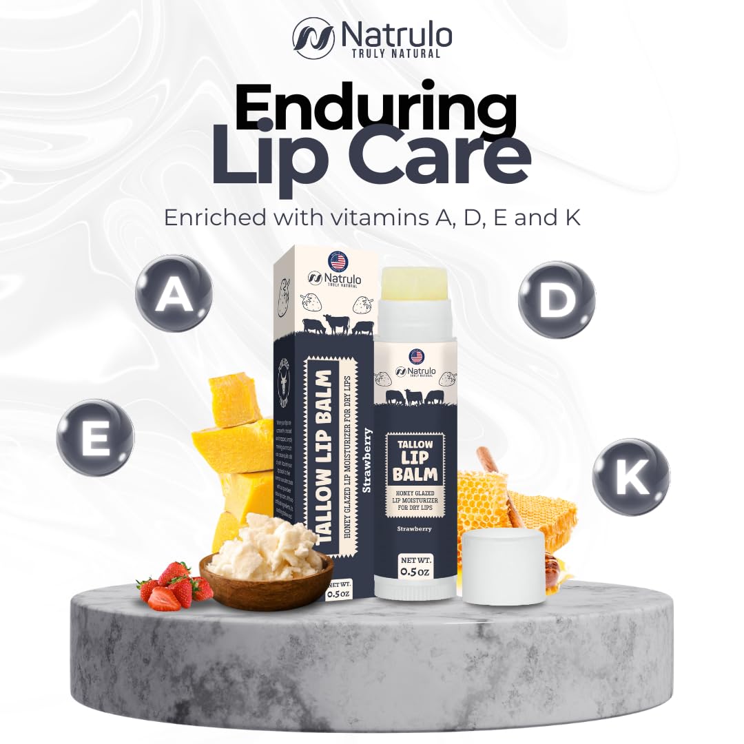 Beef Tallow Lip Balm – Natural Tallow Beeswax Chapstick – Hydrating Moisturizer Grass Fed Tallow Balm Care – Soothes Chapped Dry Lips Sensitive Skin – Long Lasting Vitamin Rich USA-Made, Strawberry
