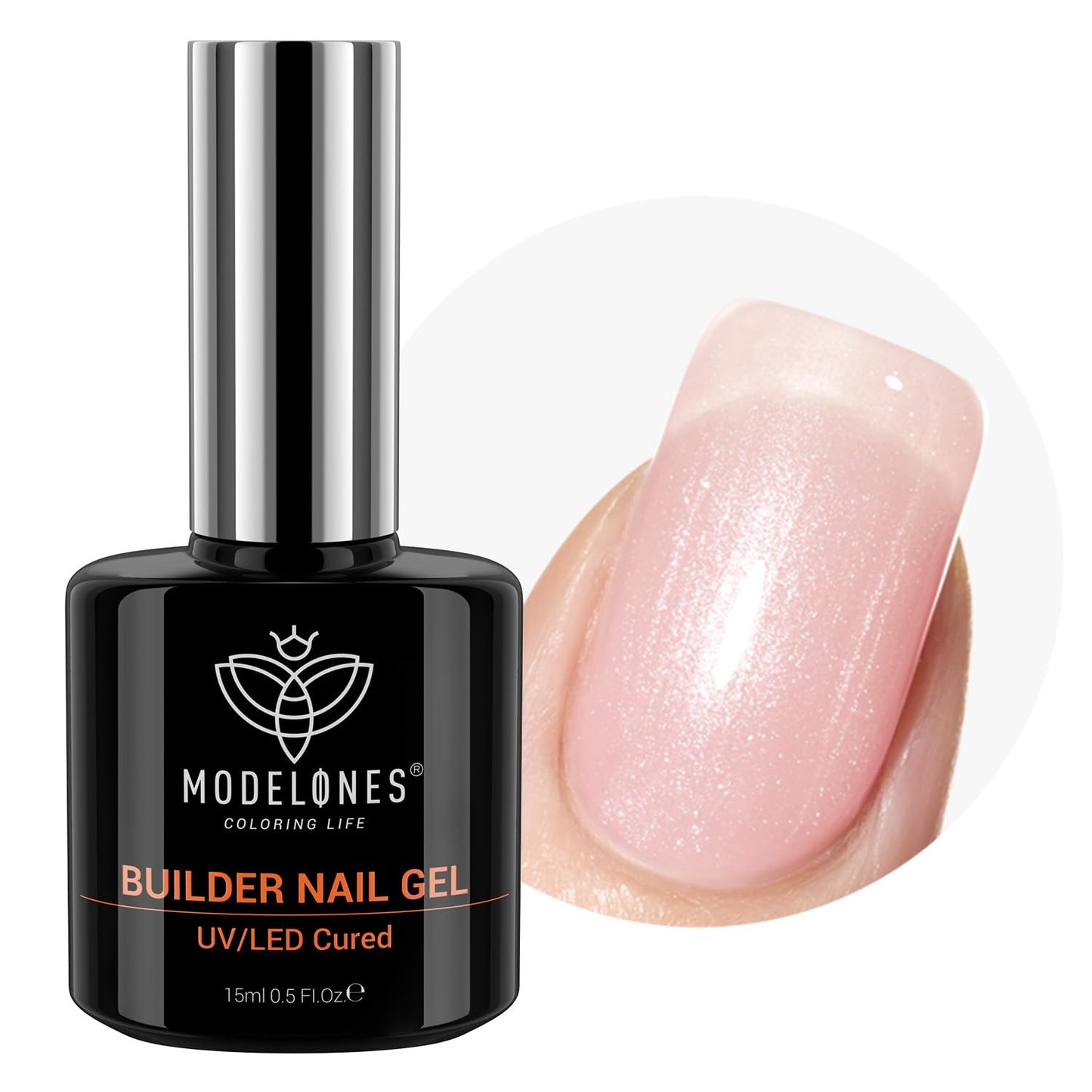 modelones Builder Nail Gel, 8-in-One Pink Shimmer Builder, Sparkle Glitter Pink Rubber Base Gel Polish LED Lamp Cured Hardener Color Base Strengthener Extension for Home DIY Salon Girls