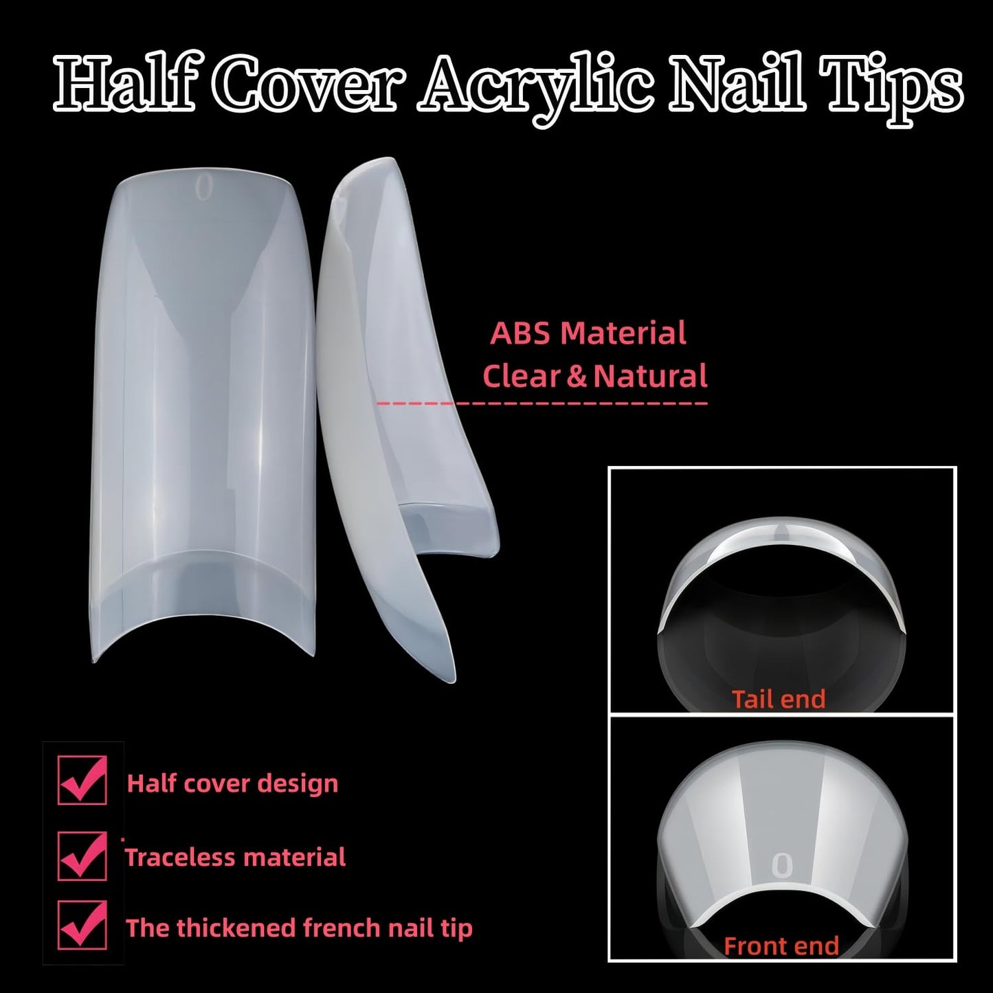 1000pcs Clear and Natural Acrylic Nail Tips,10 Size French Nail Tips For Acrylic Nails Half Cover False Nails Extension Artificial Fingernails