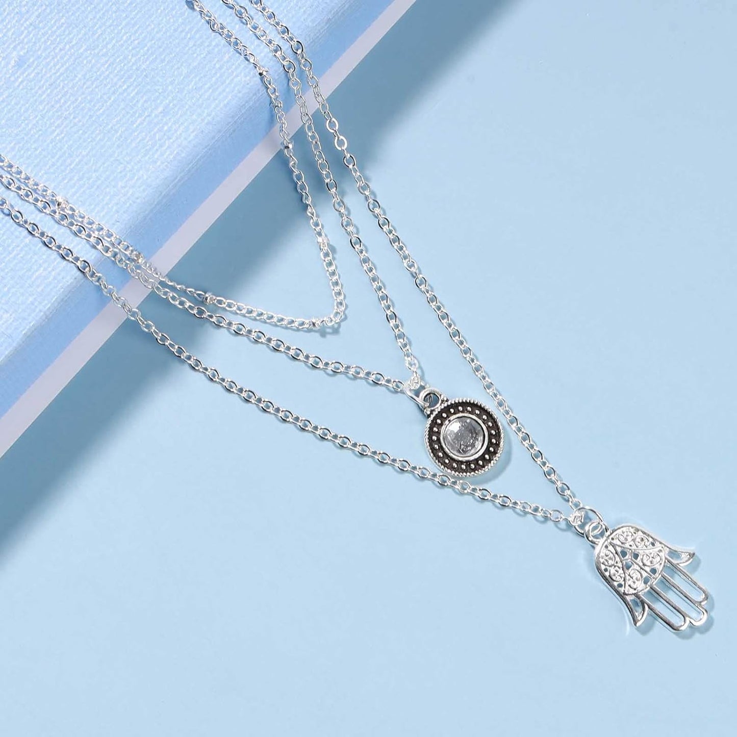 Boho Layered Opal Moonstone Necklace Silver Hamsa Pendant Necklace Futian Hand Necklace Chain Opalite Gem Necklace Jewelry for Women and Girls