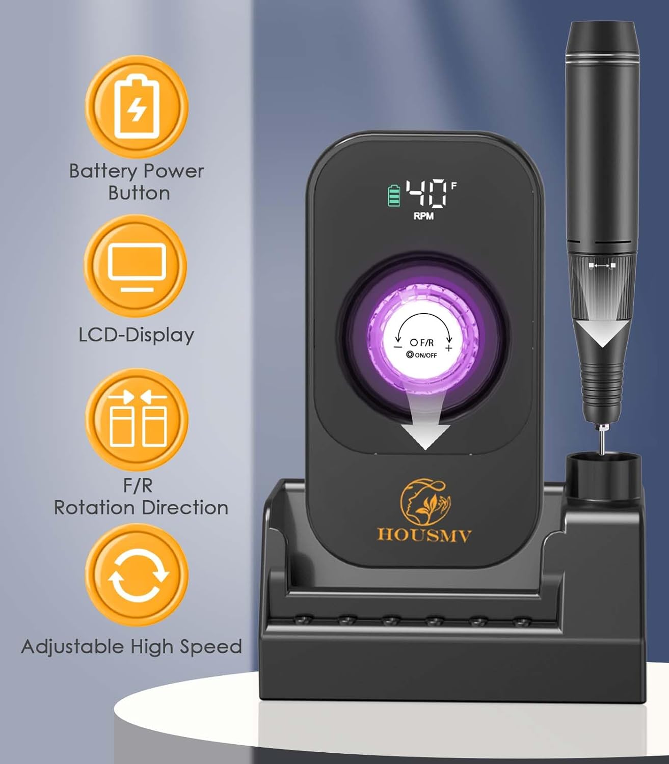 Portable Nail Drill Electric File: 40000RPM Professional Nail E-File for Acrylic Nails Remove Nail Gel Polish Manicure, Rechargeable Cordless Nail Drill Machine with Bits & Base for Salon Home, Black