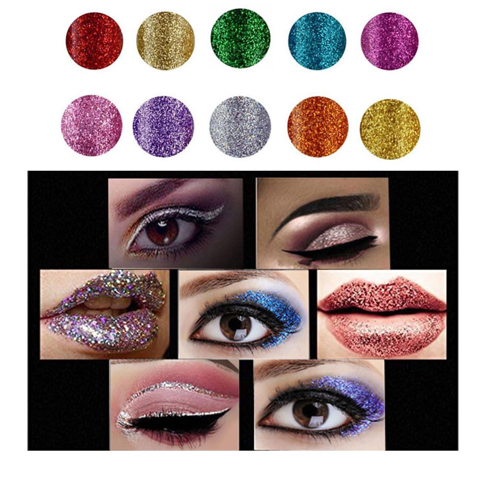10 Colors Liquid Glitter Eyeliner Metallic Shimmer Glitter Eyeshadow Pigment Eyebrown Shimmer Waterproof Face Lips Art for Party Festival Makeup