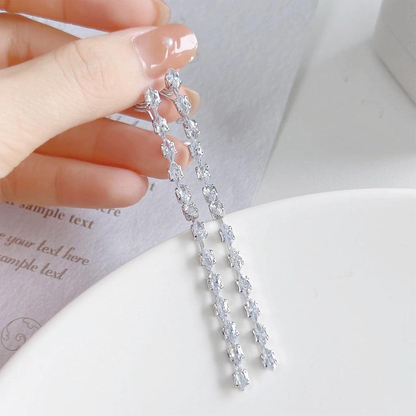 Vintage Rhinestone Chain Drop Earrings Silver Linear Crystal Earrings Sparkle Cz Tassel Earrings Long Cz Chain Stud Earrings Jewelry for Women and Girls