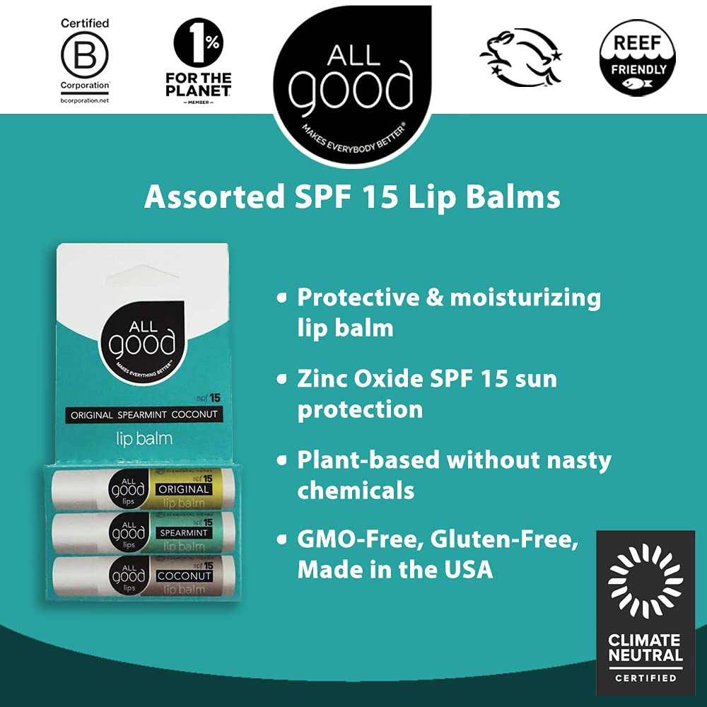 All Good Organic SPF15 Lip Balm - Hydrating Lip Care with Olive Oil, Beeswax, Calendula, Lavender, Vitamin E - Lip Moisturizer with Zinc Oxide Protection - Original, Spearmint & Coconut (9-pack)