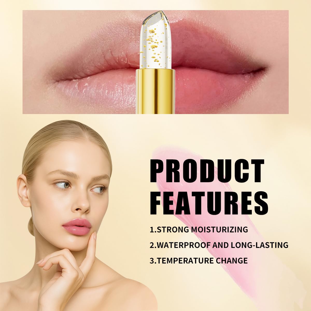 Transferproof Color Changing Lipstick,Color Changing Lipstick for Women Girls,Temperature Change Moisturizer,Waterproof Moisturizer Lip Balm(Gold Foil)