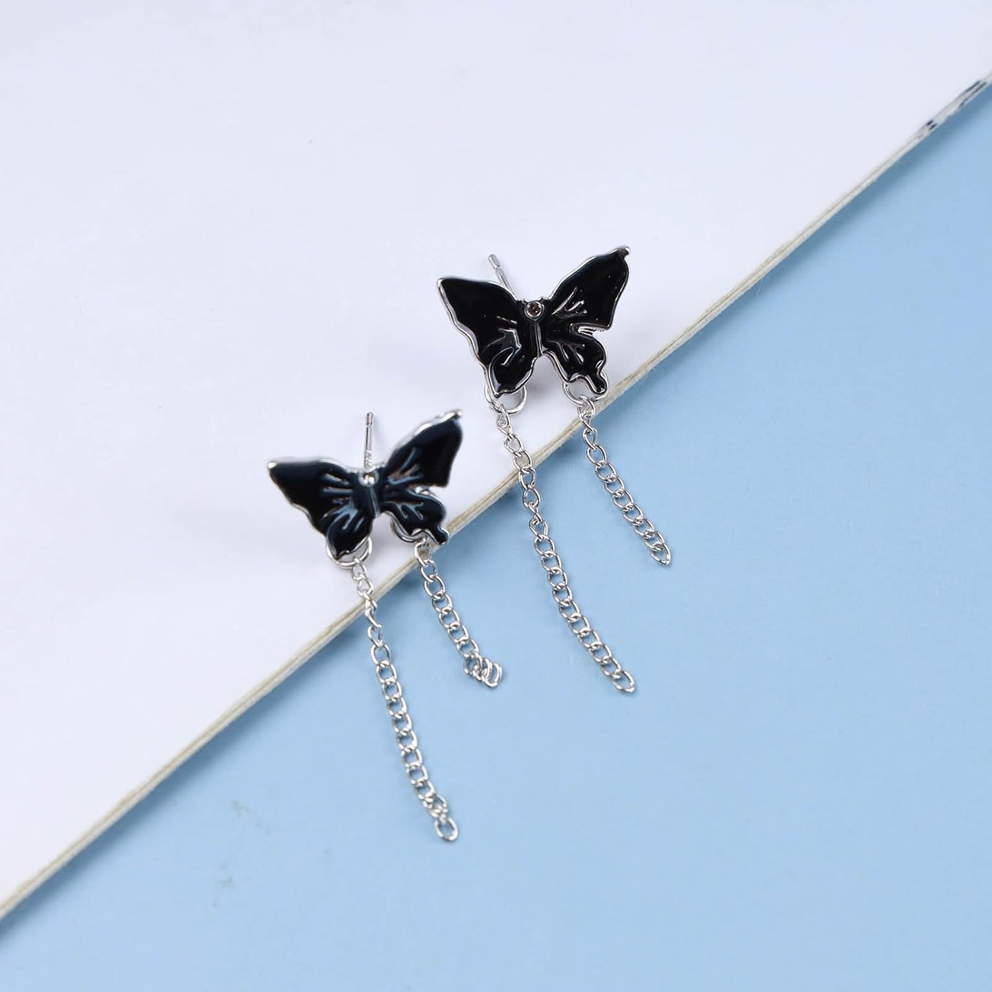 Vintage Butterfly Stud Earrings Silver Chain Tassel Dangle Earrings Black Butterfly Earrings Layer Chain Drop Earrings Jewelry for Women