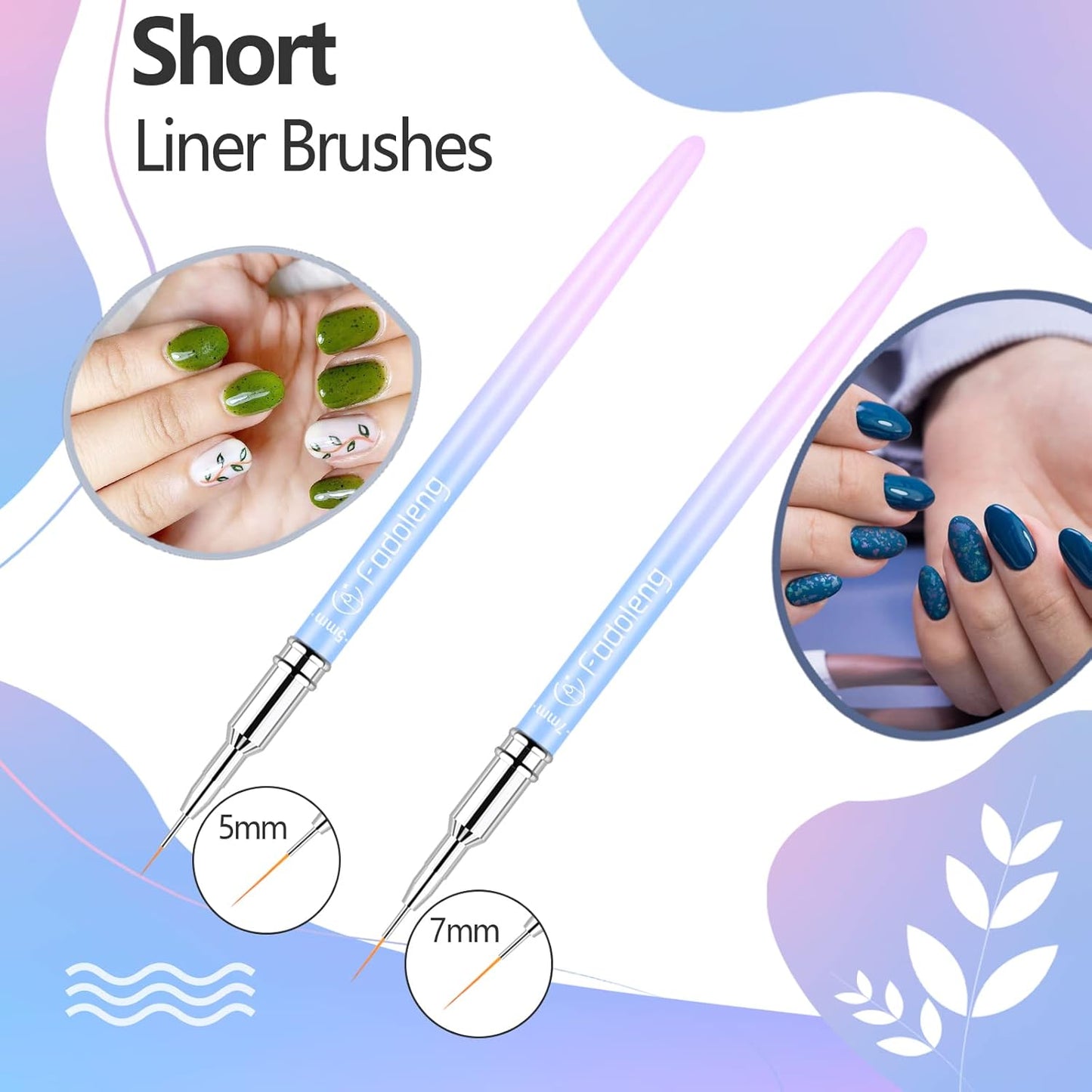 Liner Brush for Nails, 6Pcs Thin Nail Art Brushes Professional Nail Detail Brush for Gel Polish Sizes 5/7/9/11/15/25mm (Blue and Pink)