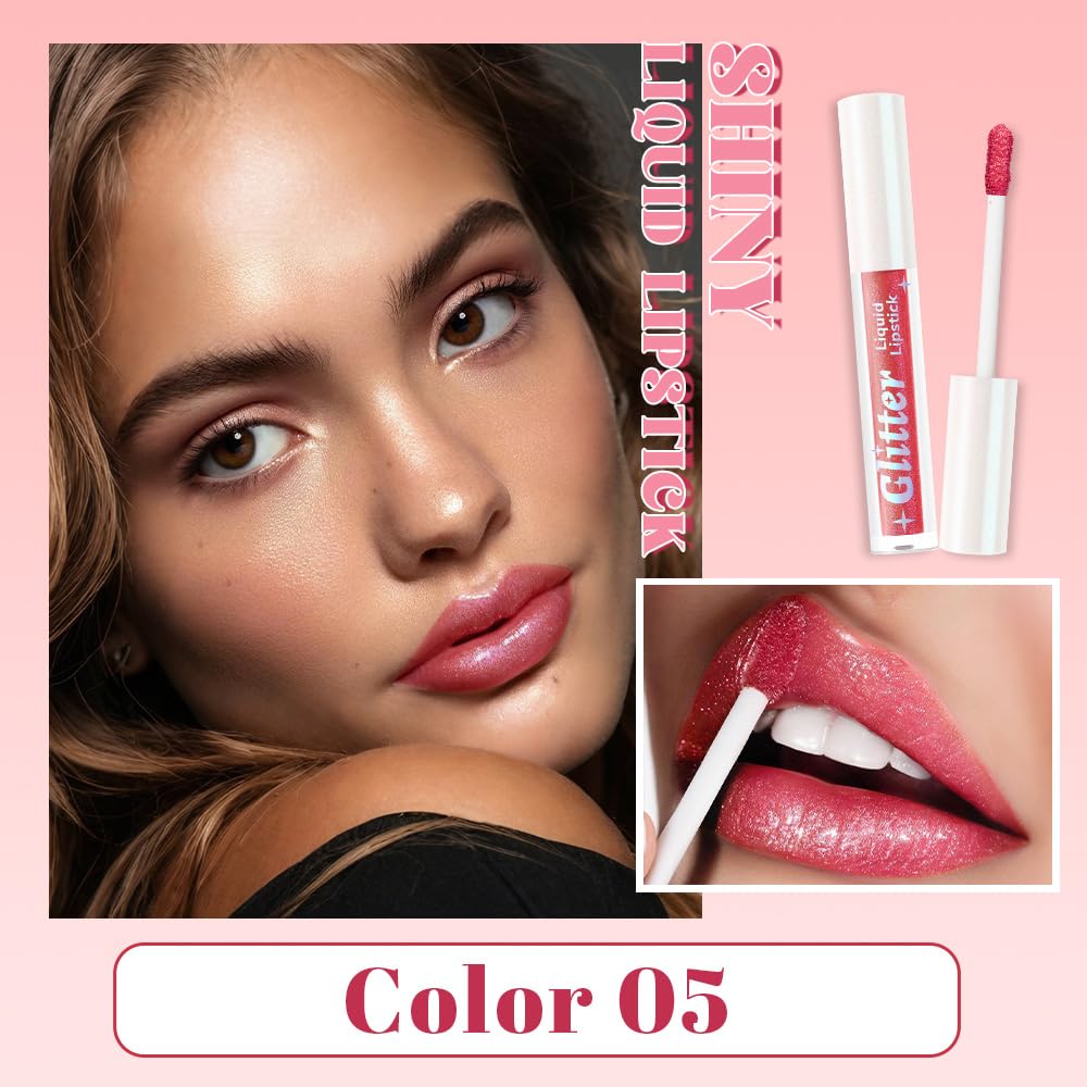Rose Pink Metallic Lipstick for Women,Lightweight Glitter Sparkling Liquid Lipsticks,Shimmer Lip Gloss Stain Long Lasting Waterproof Smudge Proof Non-Drying 24 Hour Full Coverage Lip Makeup,Vegan