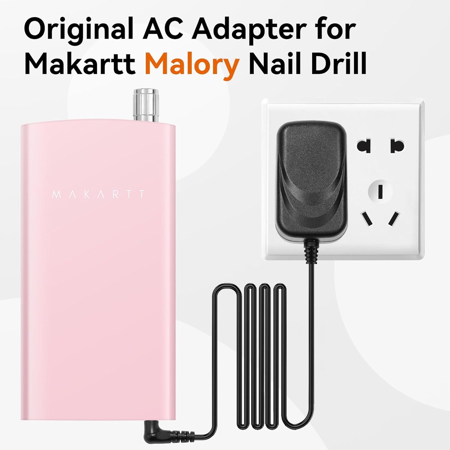 Makartt Original Power Charger Adapter for Malory Nail Drill, 12V 2A AC Battery Supply Cord for 30000RPM Rechargeable Electric File Manicure Tech Art Salon Home DIY Use