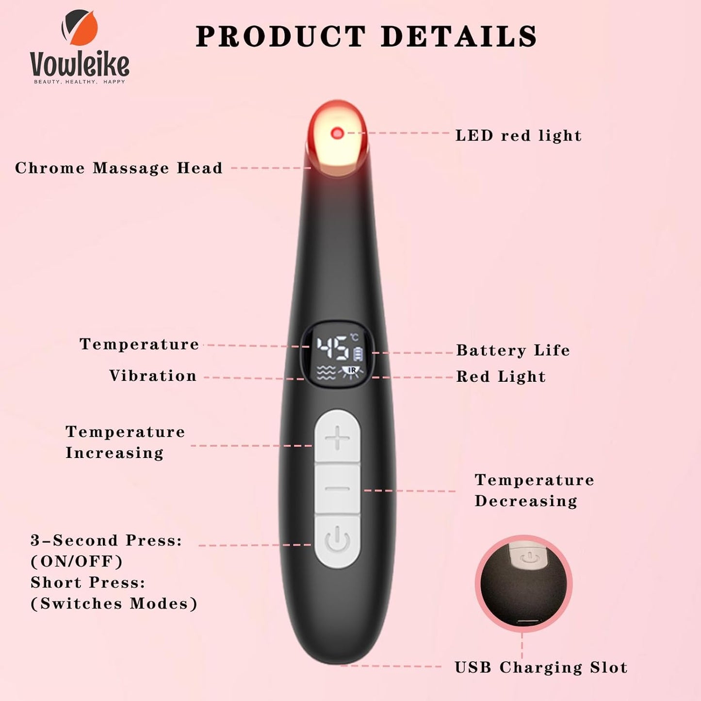 Eye Lift Wand, 3 in 1 Vibrating 98°F to 113°F LCD Eye Massager for Dry Eyes, Dark Circles and Puffiness, Face & Neck Lifting Tool for Fine Lines and Wrinkles, Black