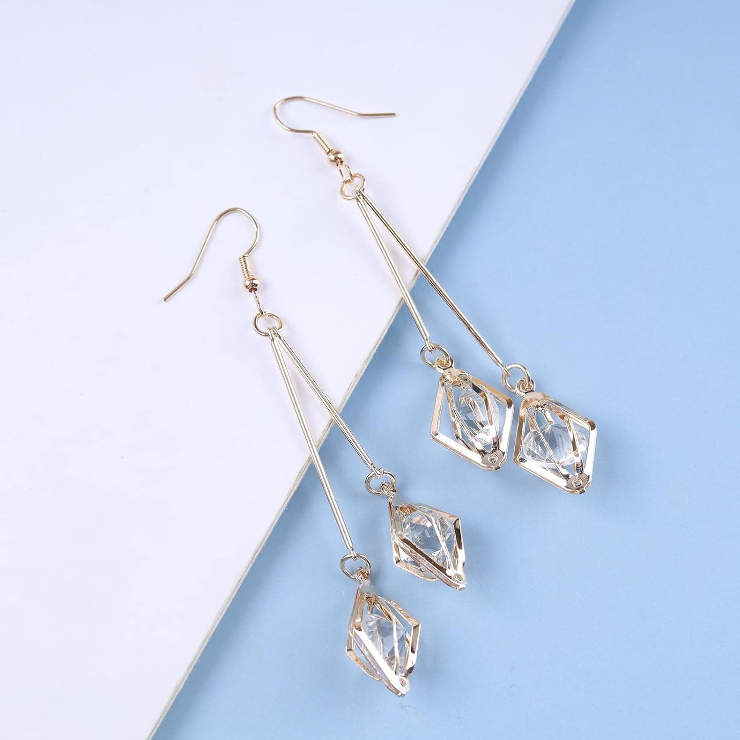 Vintage Crystal Dangle Earrings Long Bar Drop Earrings Cz Rhinestone Earrings Gold Long Wire Earrings Jewelry for Women