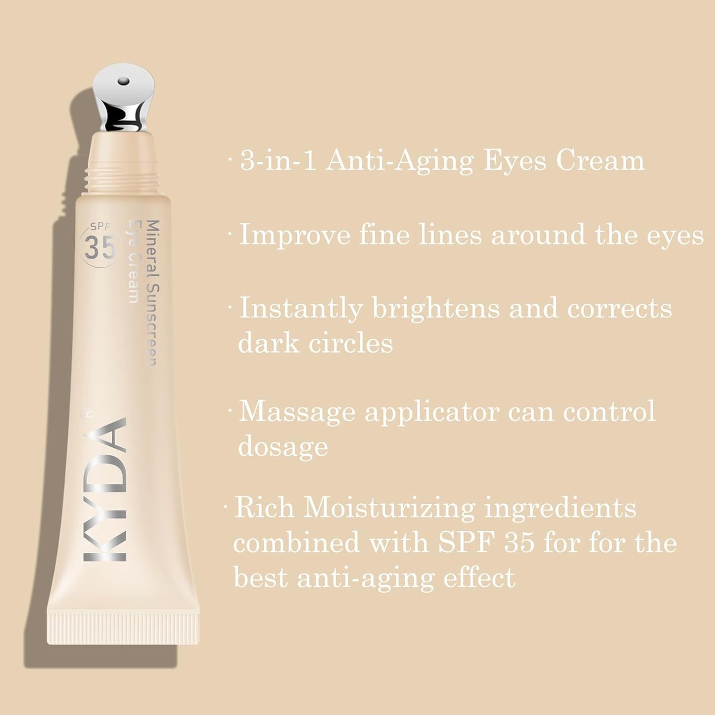 KYDA Mineral Sunscreen Eye Cream, SPF 35, 3-in-1 Under Eye Cream for Dark Circle and Fine Lines