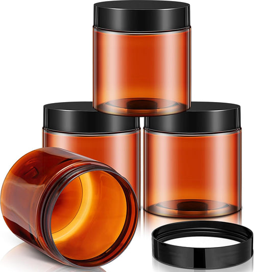 Patelai 4 Pieces Round Wide-mouth Leak Proof Plastic Container Jars with Lids for Travel Storage Makeup Beauty Products Face Creams Oils Salves Ointments DIY Making(8 Ounce,Amber)