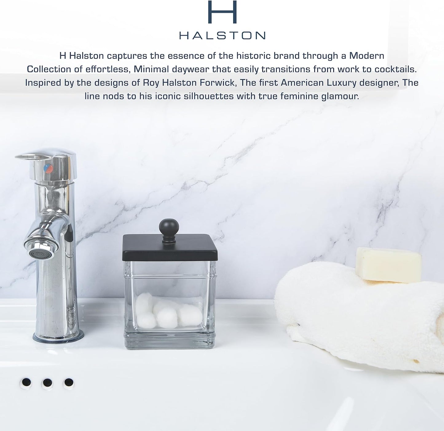 H Halston Apothecary Glass Cotton Jar Holder for Qtips, Cotton Balls, Floss, Storage Canister, Bathroom Organization, With Matte Black 304L Stainless Steel Lid, Makeup Vanity Organizer