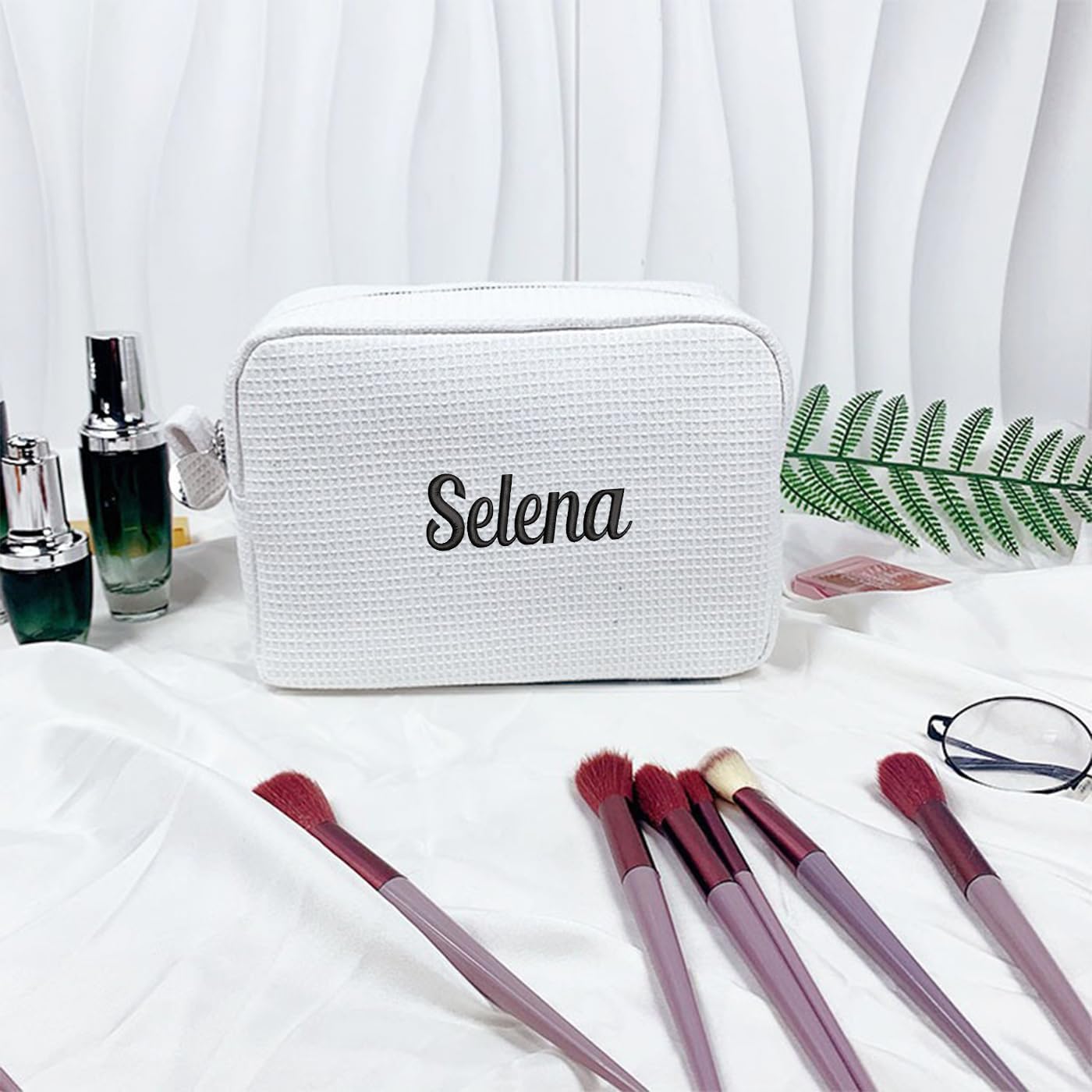 GOPHIE Personalized Embroidered Makeup Bag,Custom Waffle Fabric Cosmetic Pouch for Women, Travel Makeup Pouch (1, White)