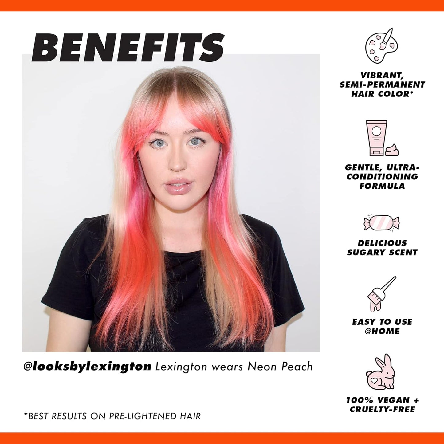 Lime Crime Full Coverage Unicorn Hair Dye, Neon Peach - Damage-Free Semi-Permanent Hair Color Conditions & Moisturizes - Temporary Hair Tint Kit Has A Sugary Citrus Vanilla Scent - Vegan