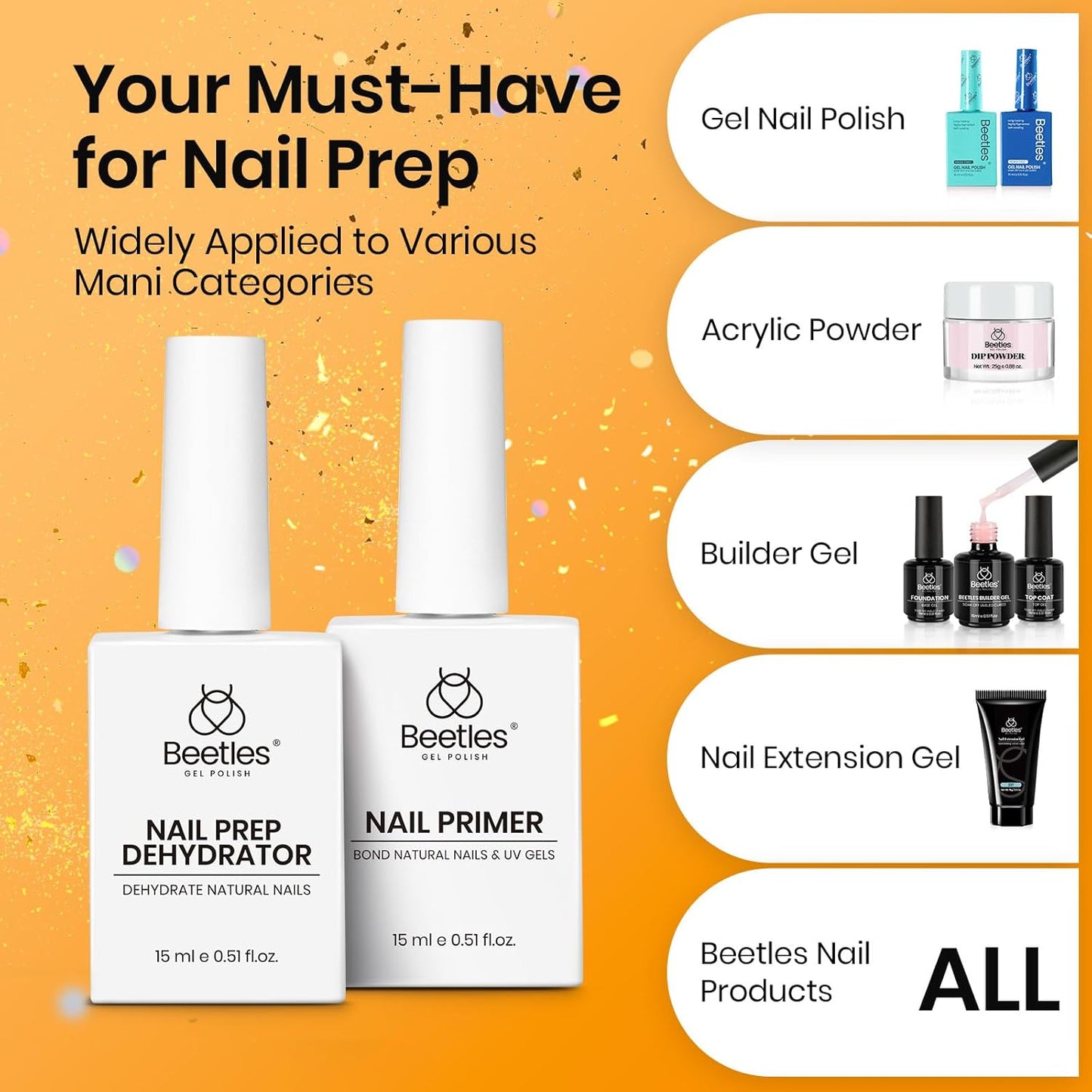 Beetles 4 Pcs 15ml Gel Top Coat and Base Coat Set with Nail Dehydrator and Primer,Professional Nail Prep Acid-Free & Hema-Free Dehydrate Bond Primer Set for Acrylic and Gel Nail Polish