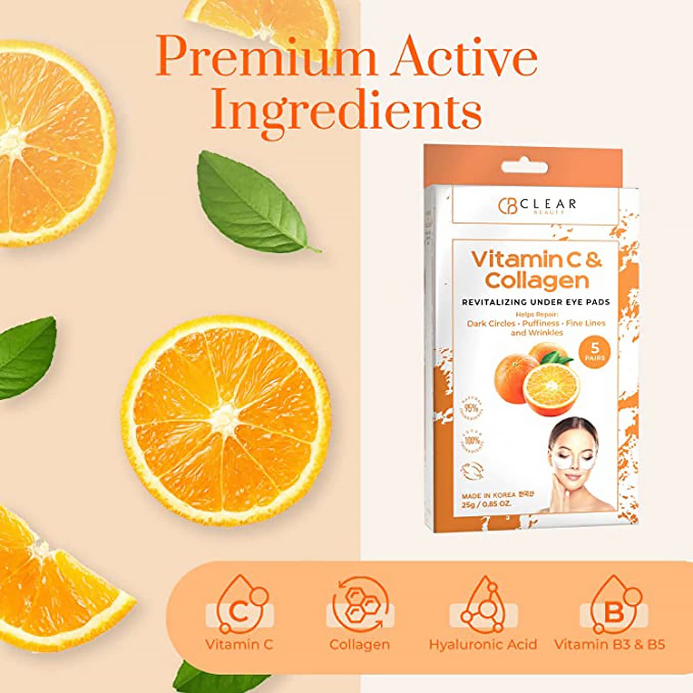 Vitamin C & Collagen Under Eye Patches 5 Pack - Diminishes Dark Circles & Puffiness, Anti-aging, Cooling & Soothing Eye Pads - Cruelty Free Korean Skincare