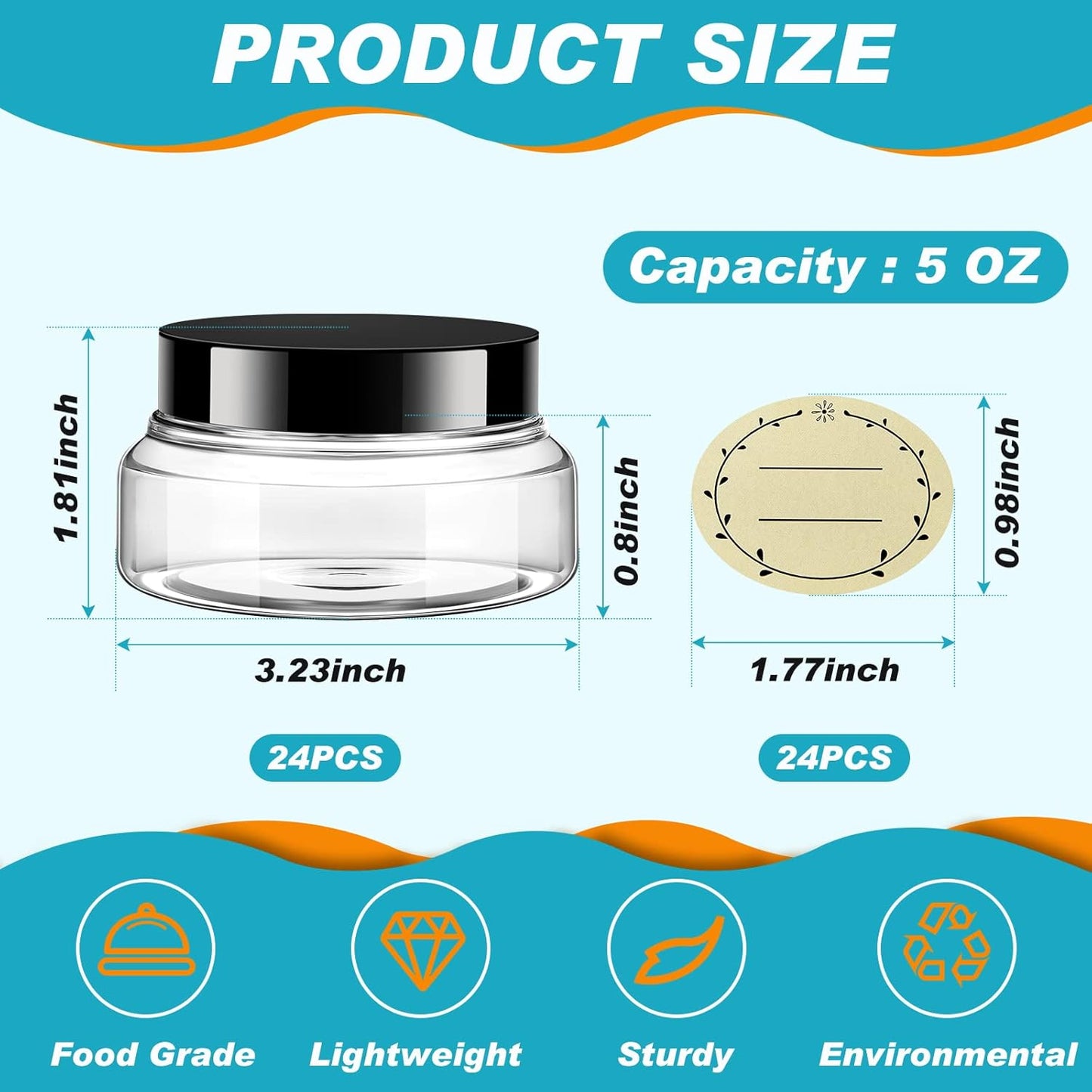 Tessco 24 Pack Plastic Jars with Lids Labels Empty Clear Plastic Jars Round Refillable Cosmetic Containers Body Butter Containers Bulk Sugar Scrub Bottle for Make Up(5 oz,Clear, Black)