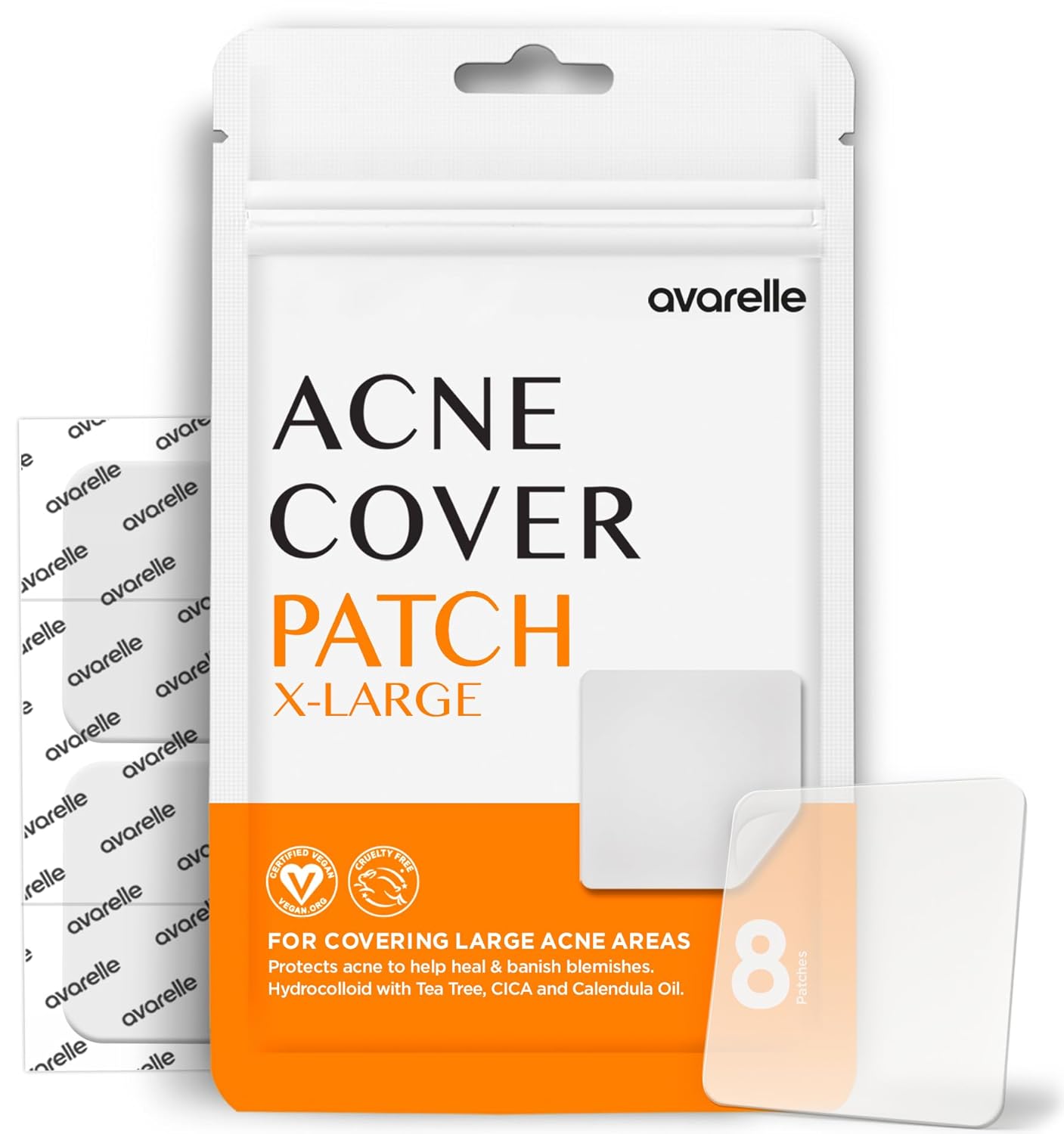 AVARELLE Acne Patches XL, Acne Cover Patch Large | Pimple Patches for Face Cheek & Nose (8 Count) | Large Hydrocolloid Acne Treatment with Tea Tree, Calendula, & Cica