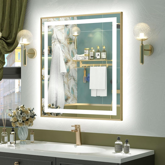 OKPAL 28x32 Gold LED Bathroom Mirror with Lights, Frontlit & Backlit Metal Framed Mirror, Lighted Bathroom Vanity Mirror, Anti-Fog, Dimmable 3 Colors, Shatterproof, Horizontal/Vertical