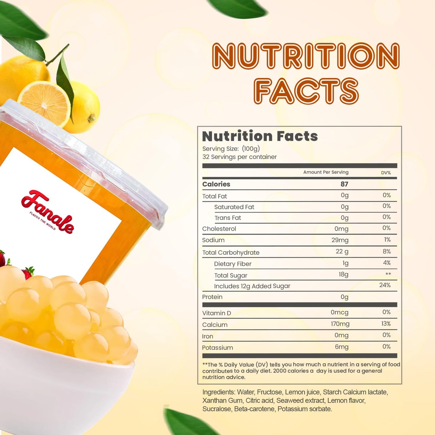 Fanale Lemon Popping Boba Pearls, Vegan, Non GMO, Gluten Free, Fat Free, Perfect for Bubble Tea, Smoothies, Ice Cream, Desserts, and Beverages.