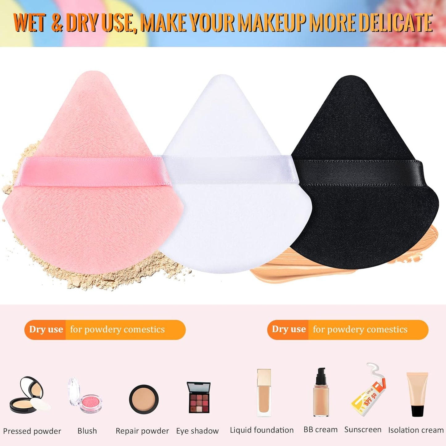 Meanplan 100 Pcs Powder Puff Face Soft Makeup Sponge Triangle Powder Puffs for Loose Velour Cosmetic Foundation Wet Dry Sponge Makeup Tools(Black, White, Pink)