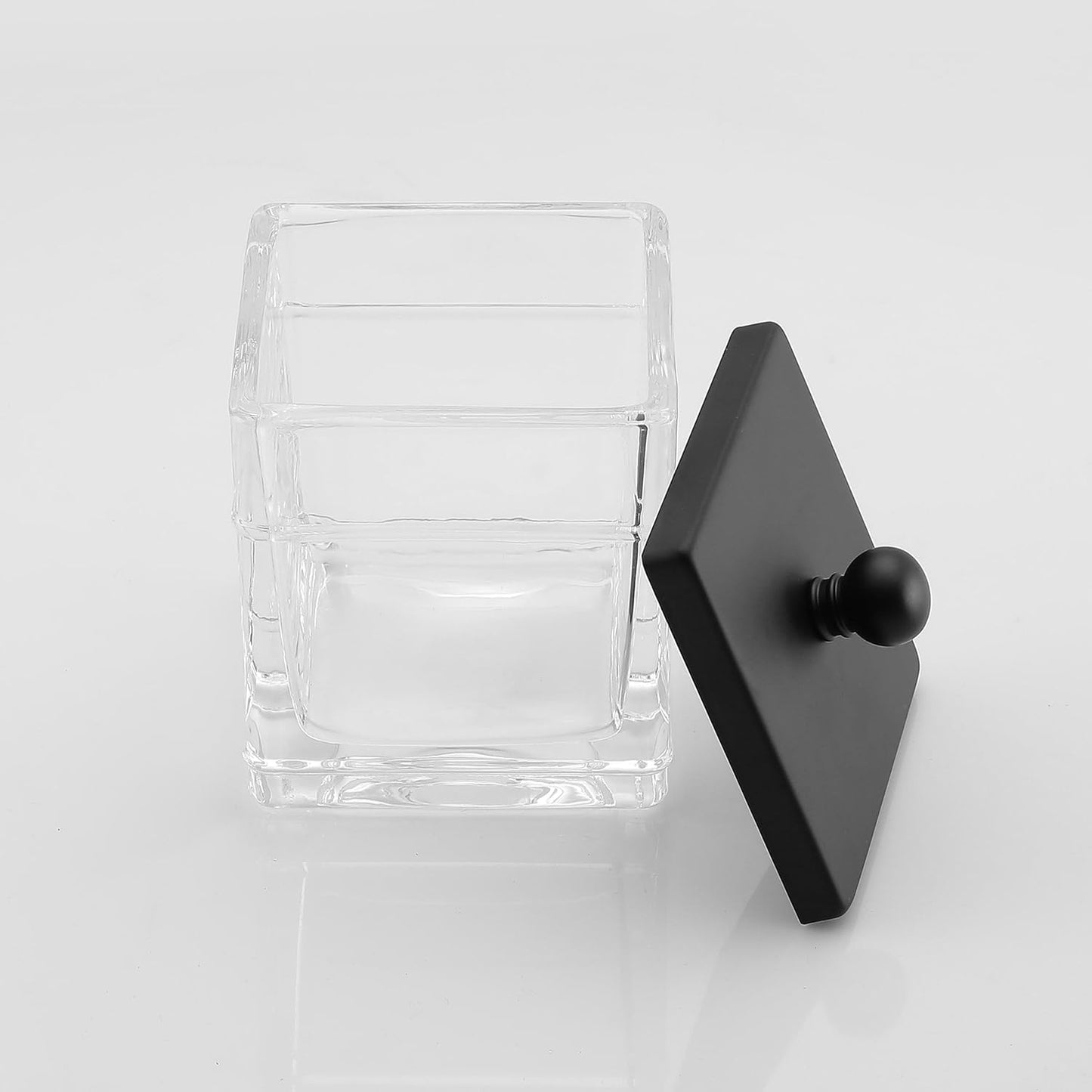 Glass Cotton Jar Holder 2 Pack– Matte Black Lid, Elegant Bathroom Storage Canister for Qtips, Cotton Balls, Floss, Makeup Organizer, Vanity & Bathroom Organization