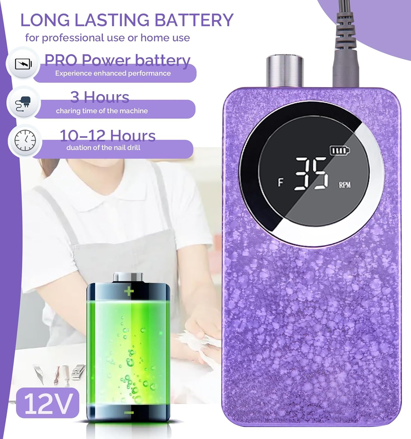 Professional Cordless Electric Nail Drill Kit – 35000 RPM Rechargeable E File with 10+ Hour Battery, 6-in-1 Bits – Portable Acrylic Gel Remover for Salon/Home,Drills para Uñas Professional