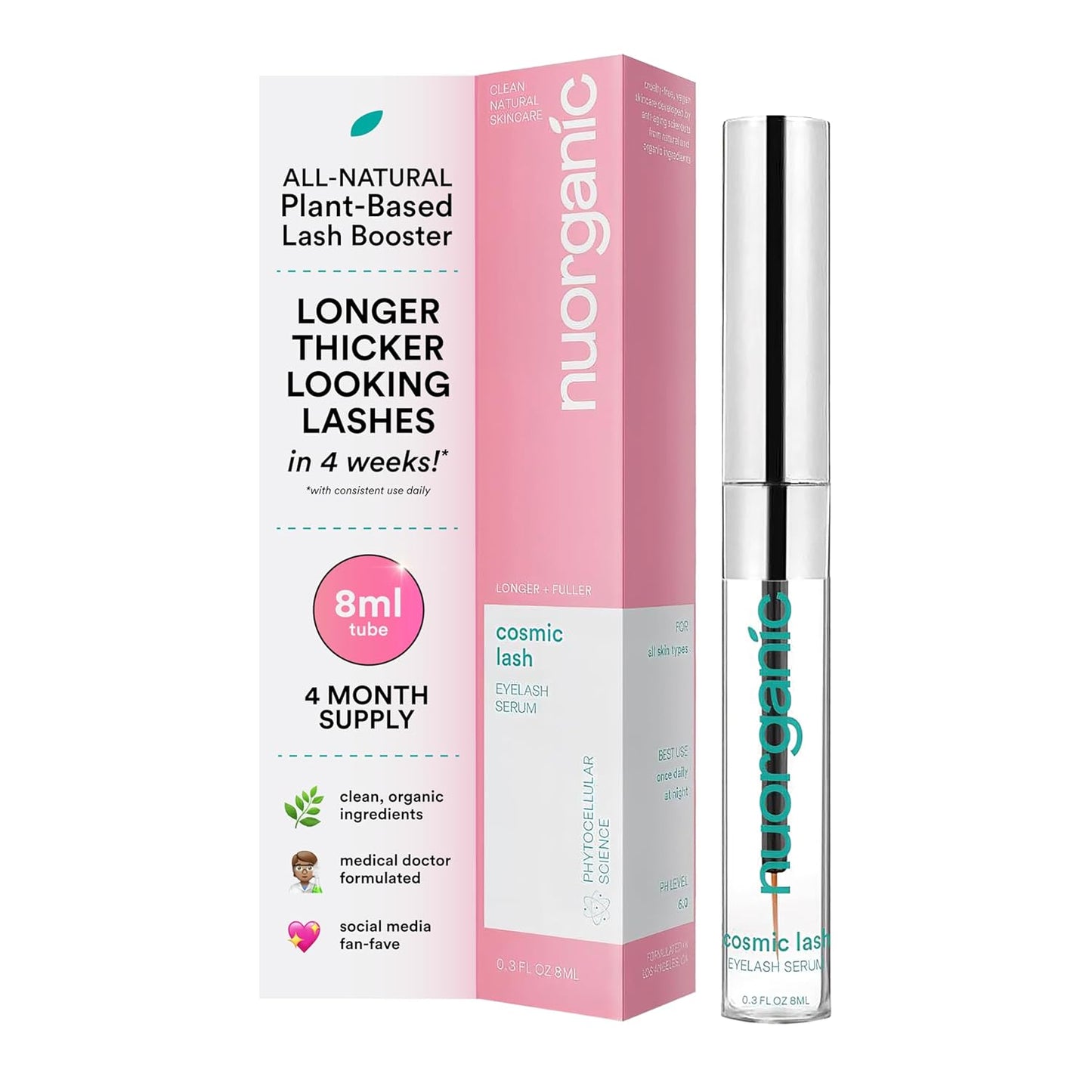 nuorganic Cosmic Lash Serum Without Prostaglandins | Eyelash Growth Serum for Thicker, Longer, More Defined Lashes | 4-Month Supply XL Size | Made in USA | cGMPA Certified Lab | 8ml
