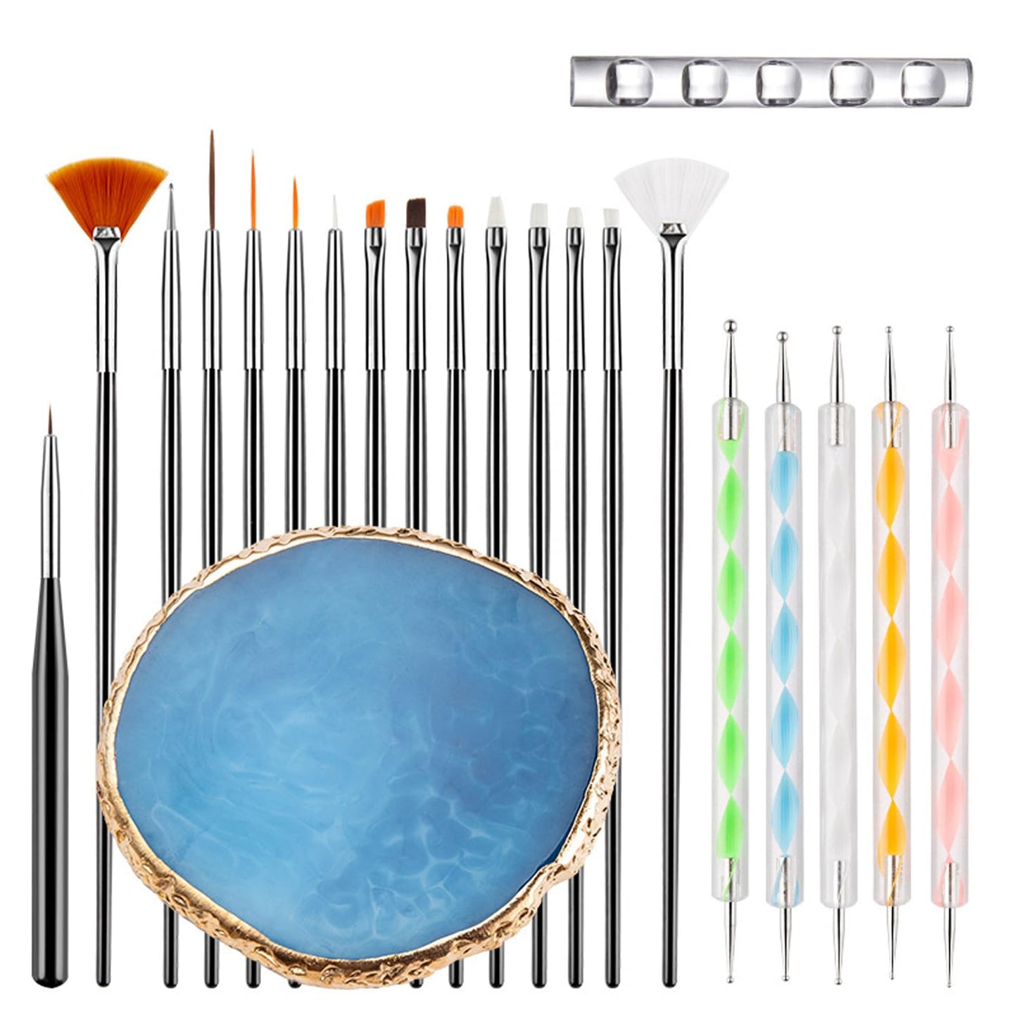 Nail Art Brush 22-Piece Set, 2-Way Acrylic Silicone Engraving Pen Dotting Pen Tools Nail Art Kit, Resin Nail Art Palette, For Nail Art DIY Home Salon Makeup Display Board (Blue)
