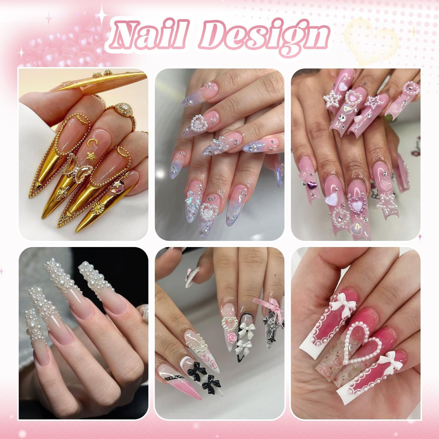 2 Boxes Flatback Pearls (White) and Metal Nail Beads (Silver+Gold) for Acrylic Nail Tips Manicure Decor