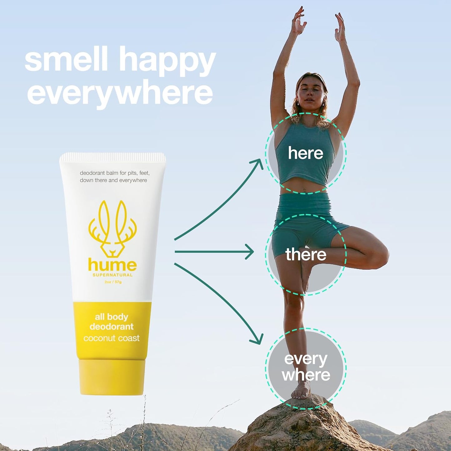 Hume Supernatural Invisible Whole Body Deo Balm - Full Body Protection - Aluminum Free, No Baking Soda - Anti-Chafing Odor Control - Clinically Tested on Sensitive Skin (Coconut Coast, 3-Pack)