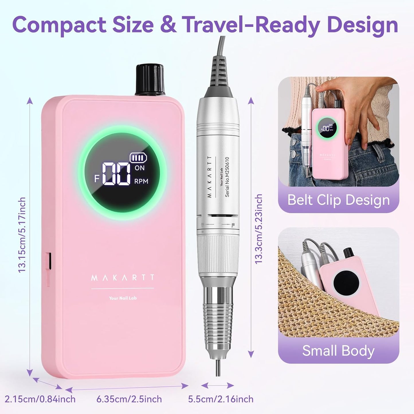 Makartt Rechargeable Nail Drill – 35000RPM Electric Nail File,Portable E File for Gel Nail Shaping & Removal, Quiet, Lightweight, 6H Battery, Easy to Use for Home & Salon, YEEYAN