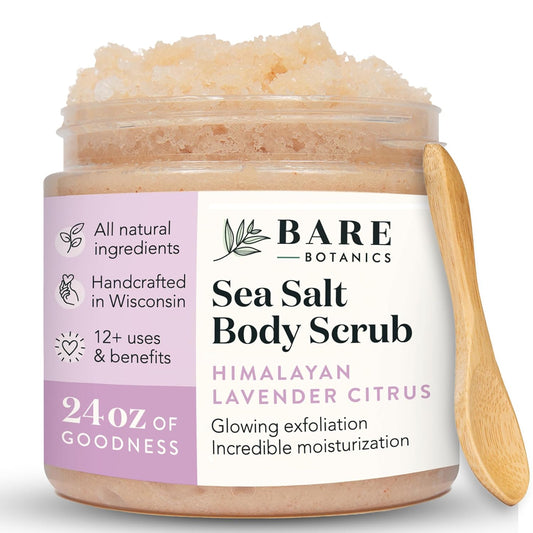 Bare Botanics Lavender Grapefruit Body Scrub 24 oz - Naturally Scented Himalayan Salt Scrub Made in Madison WI - Formulated w/Skin Loving Moisturizers - Cruelty Free Exfoliator w/a Cute Wooden Spoon