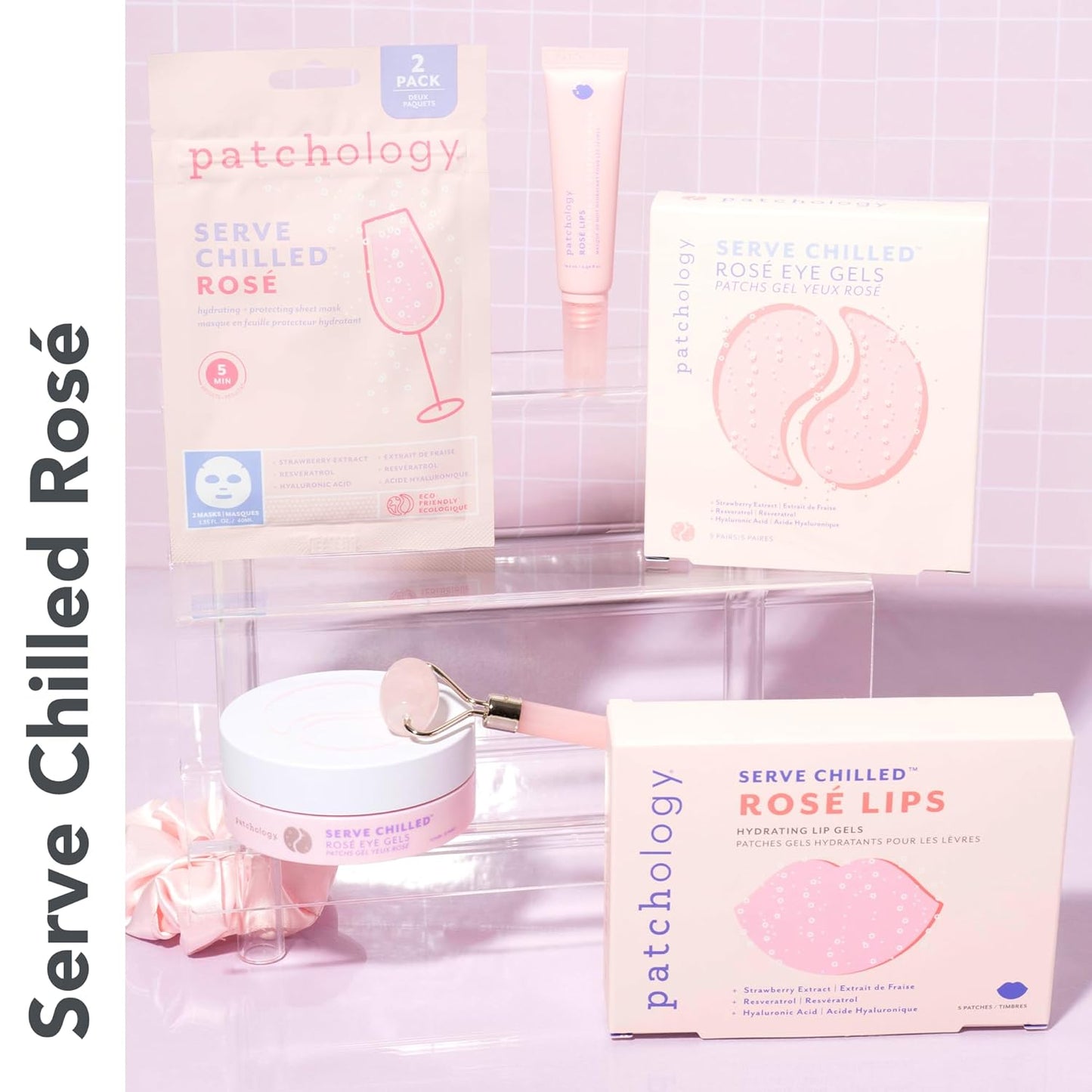 Patchology Serve Chilled Rosé Gel Lip Mask – Hydrating Mask with Resveratrol & Hyaluronic Acid for Soft Feel, Plumping & Moisture – Strawberry Scented, Solution for Dry or Chapped Lips, 5 Count