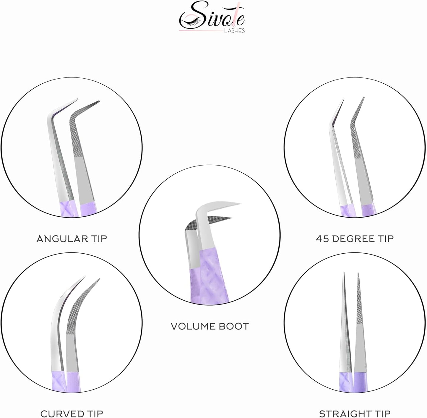 SIVOTE Lash Tweezers for Eyelash Extensions, Pack of 5 Purple – Lash Extension Tweezers Set with Diamond Grip, Precision Fiber Tip for Volume Eyelash Extensions