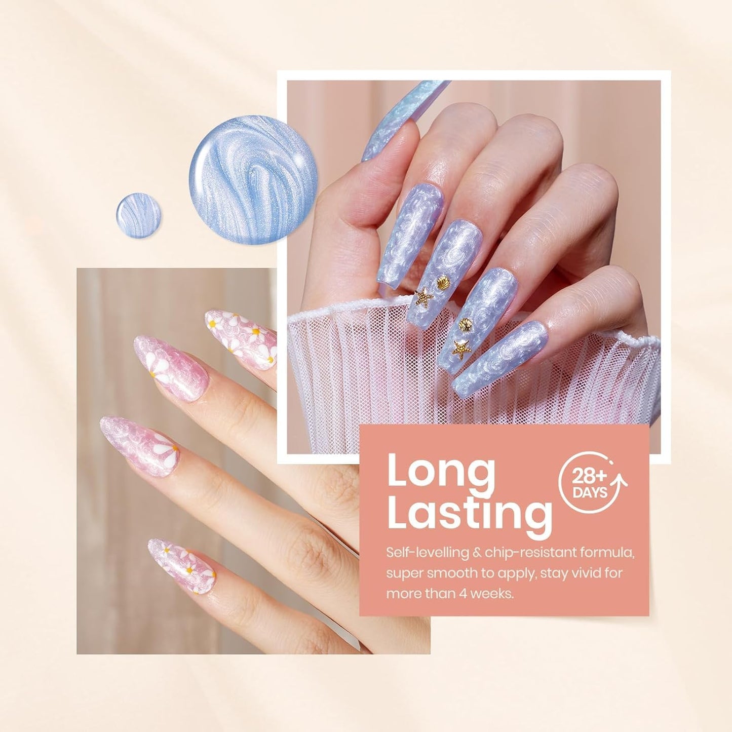 Beetles Pearl Gel Nail Polish – Glitter Silk 6 Colors Gel Polish Set, Pastel Pink White Orange Blue Colors Shimmer Mermaid Shell Swirl Thread Effect Soak Off UV LED Gift for Women