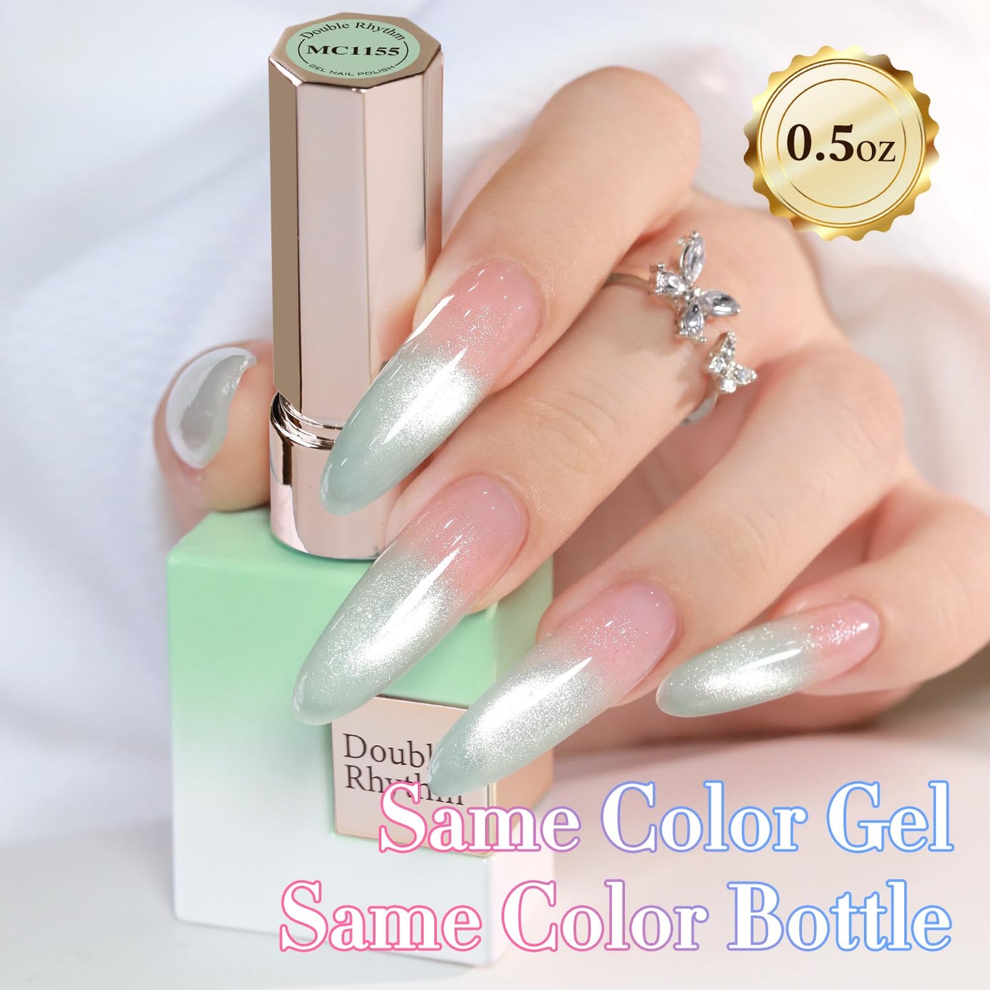 Double Rhythm 0.5 Oz Cat Eye Gel Polish with Magnet Same Color Same Bottle Holographic Glitter Shimmer Translucent Color Salon 15 ML Magnetic Nail Art (Light Green-MC1155)