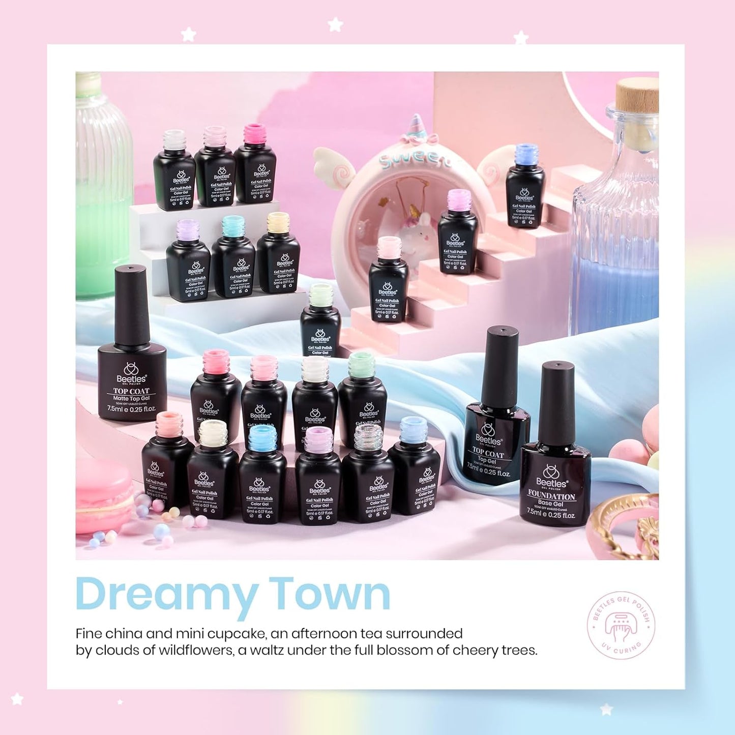 beetles Gel Polish Nail Set 20 Colors Spring Pastel Girly Sparkle Glitter Uv Gel Dreamy Town Collection Macaroon Bright Pastel Nail Manicure Kit with 3Pcs Base Top Coat Gift for Women