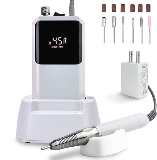 Professional Nail Drill Machine - Cordless Brushless Motor Nail File, 45000 RPM 2*3500mAh Portable Efile for Acrylic Gel Nails with 6 Bits & ETL-Certified USB Charger for Salon & Home