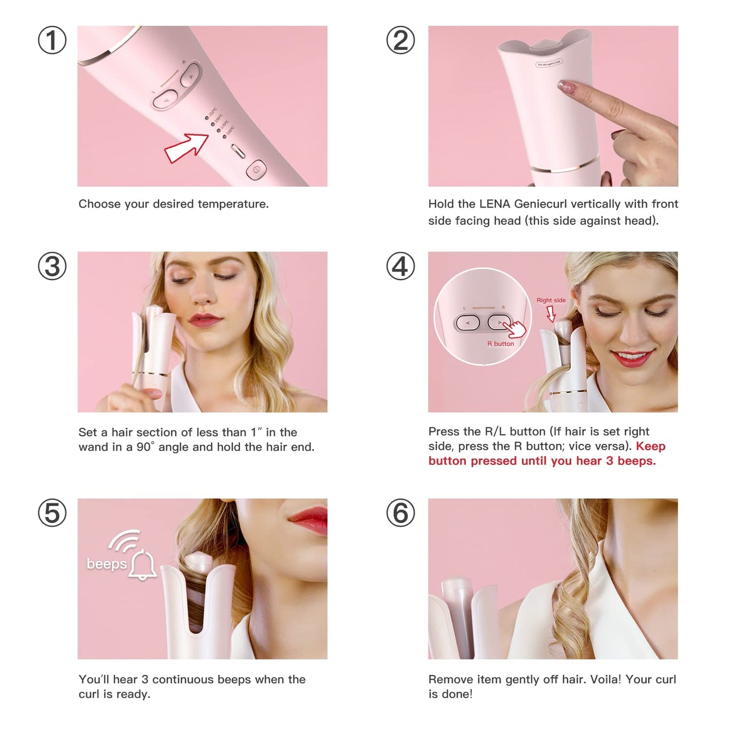 LENA Auto Hair Curling Wand, Professional Hair Curler Iron Styler, Automatic Rotating Styling Tool with Ceramic Ionic Barrel and Smart Anti-Stuck Sensor for Long and Medium-Length Hair