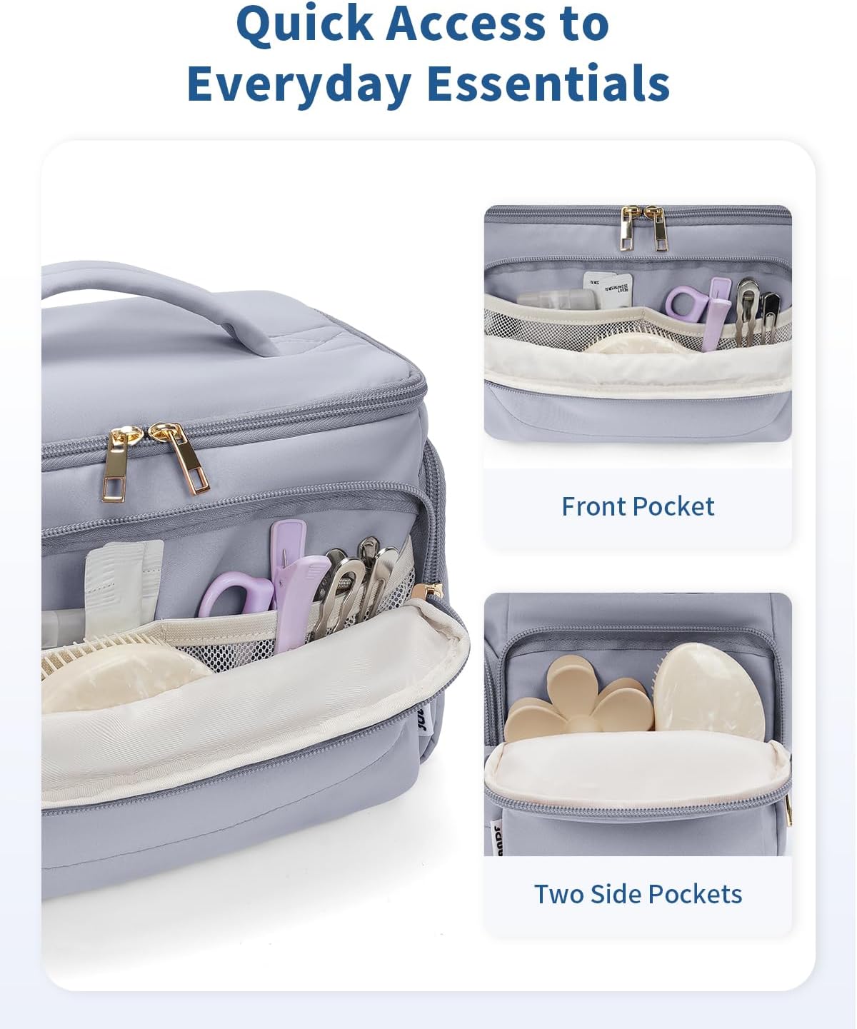 WANDF Travel Toiletry Bag for Women, Wide-open Large Makeup Bag with Handle, Puffy Makeup Organizer for Toiletries, Cosmetics, Accessories, Essentials (Slate Blue)