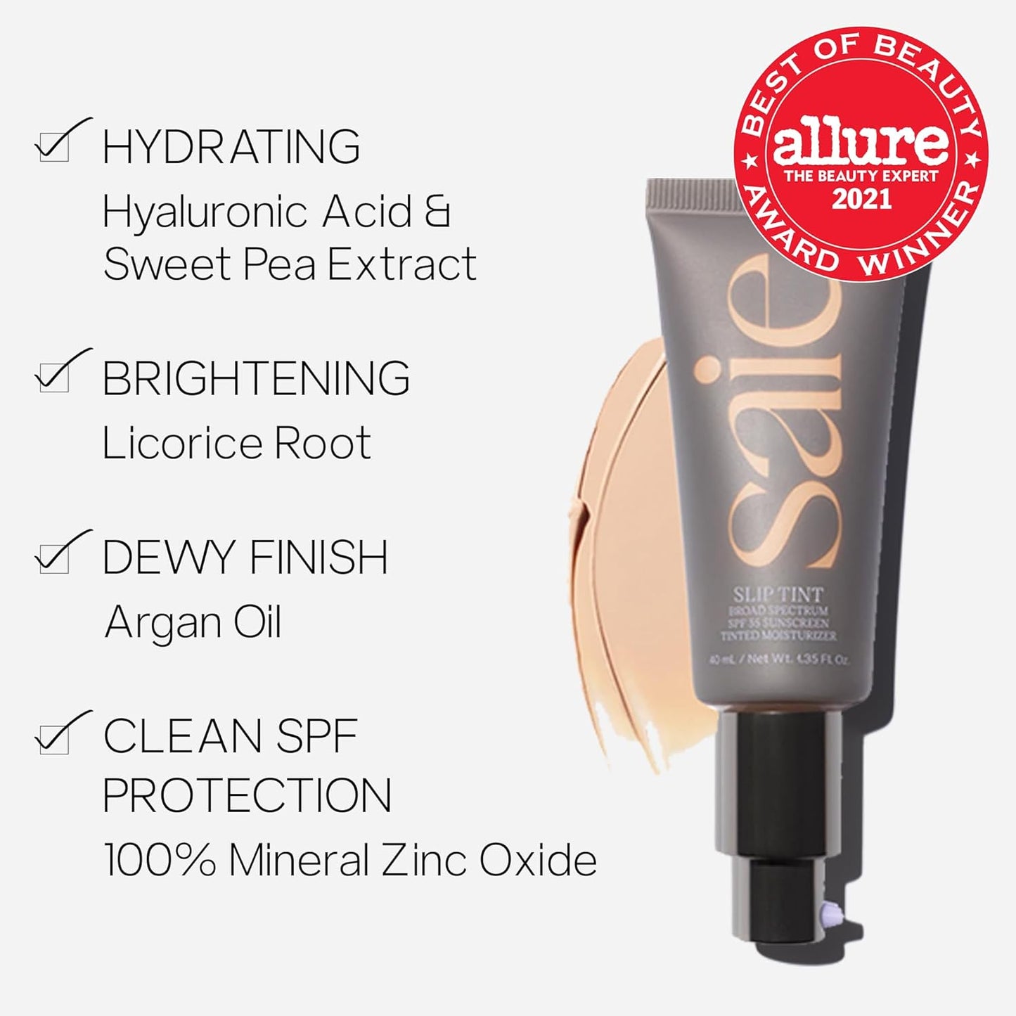 Saie Slip Tint SPF 35 Tinted Moisturizer - Light Coverage Moisturizer + Broad Spectrum Zinc Oxide Sunscreen with Hydrating Hyaluronic Acid - Shade Eight (1.35 oz)