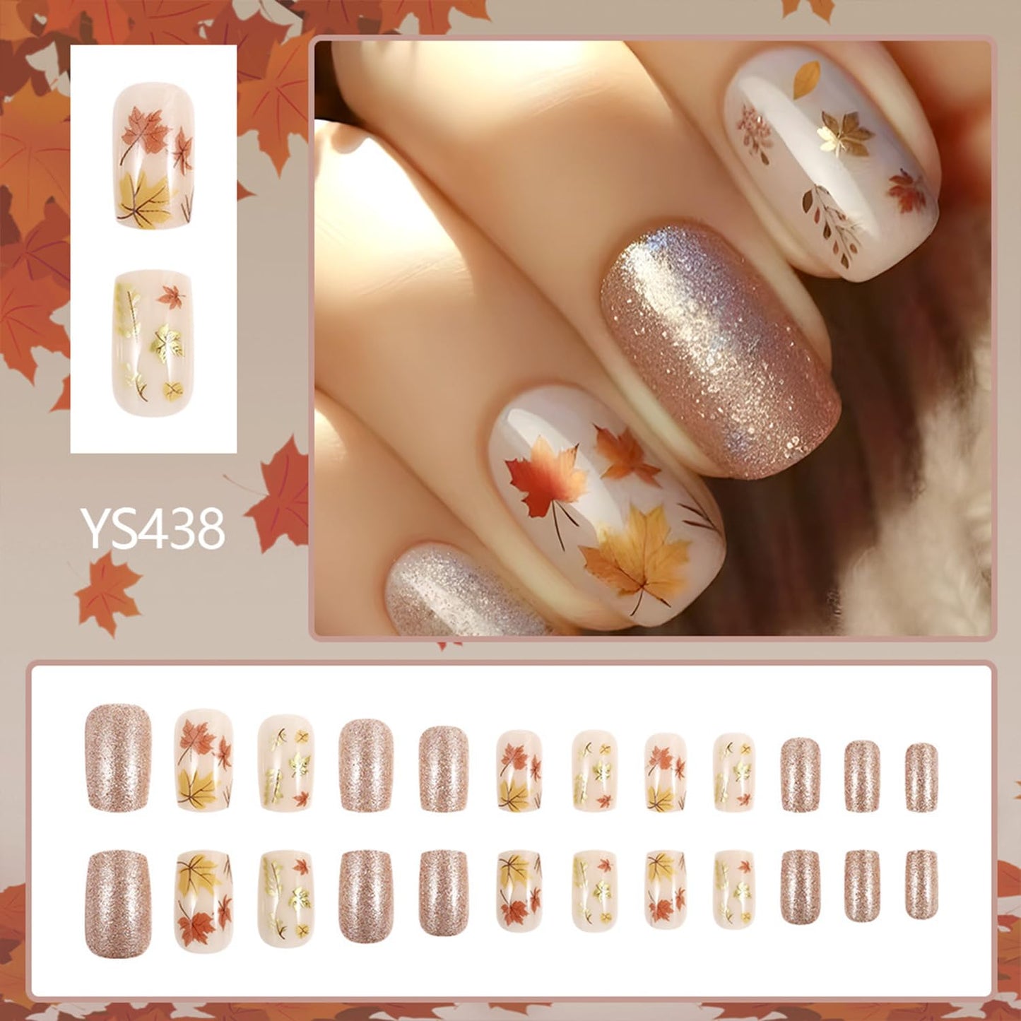 Glitter Fall Press on Nails Medium Square Thanksgiving Fake Nails with Maple Leaf Design Autumn Acrylic Glue on Nail Glossy Maple Leaves Artificial Stick on Nail for Women DIY Manicure