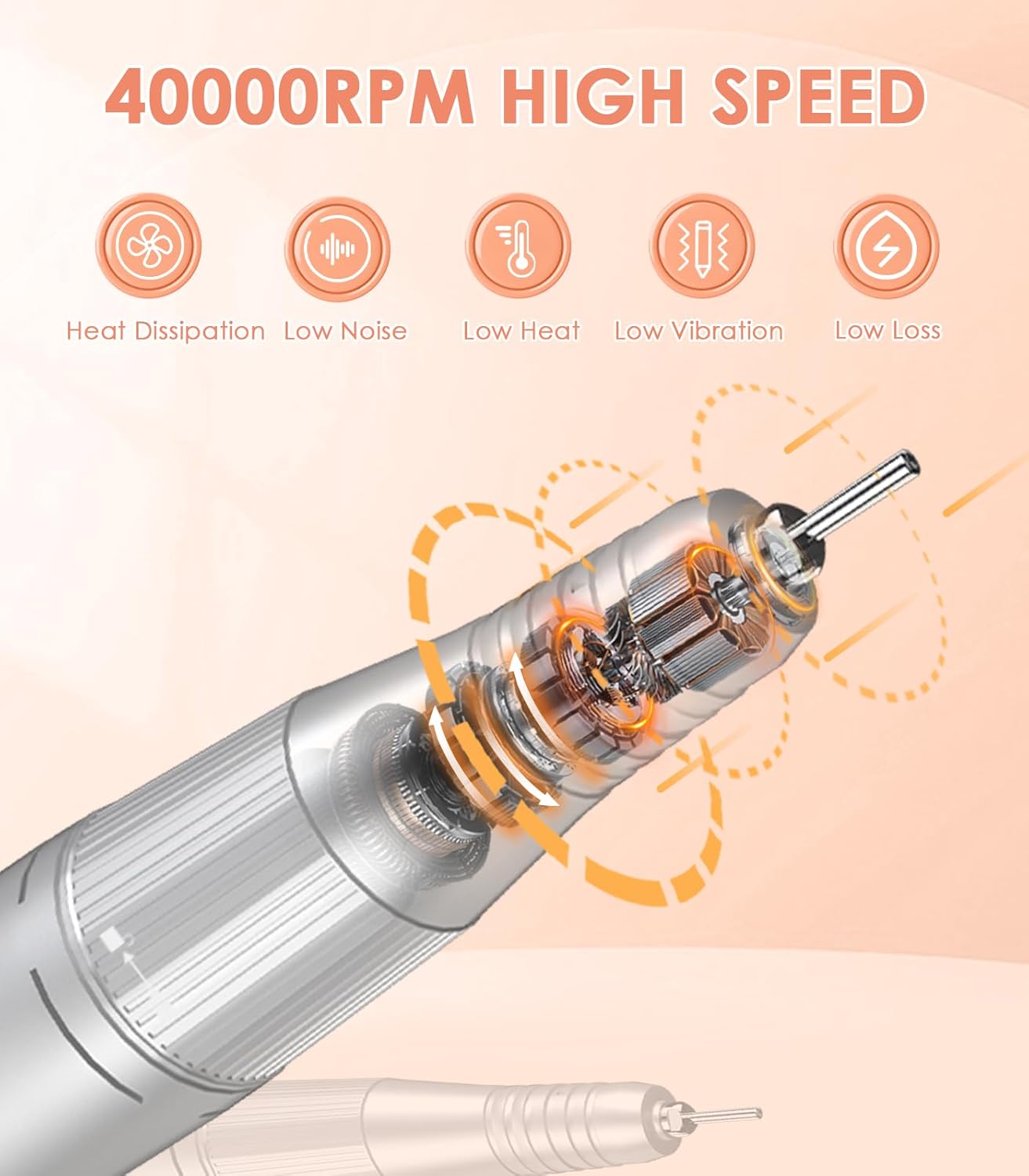 Portable Electric Nail Drill Machine: 40000RPM Professional E-File, Rechargeable Cordless with Bits & Base for Acrylic Remove Gel Polish Manicure Salon Home, Silver