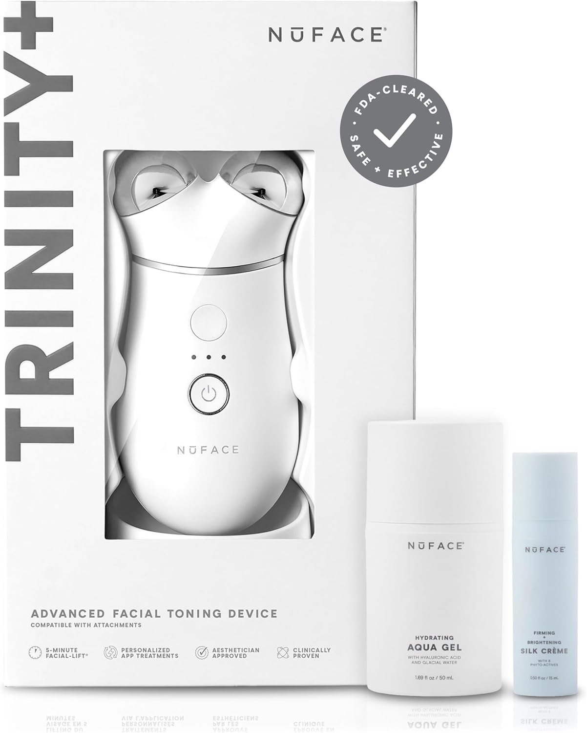 NuFACE TRINITY+ Microcurrent Facial Device Kit - FDA Cleared Face Sculpting & Neck Tightening Device to Contour Cheeks & Brows + Microcurrent Gel Activator & Silk Creme